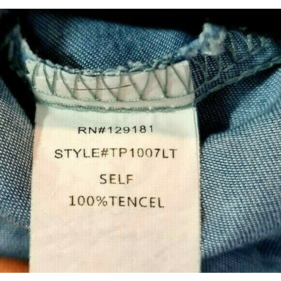 MEBON Blue Chambray Ruffle Top 3/4 Bell Sleeve Women Junior Size L Collared NCK - Picture 6 of 6